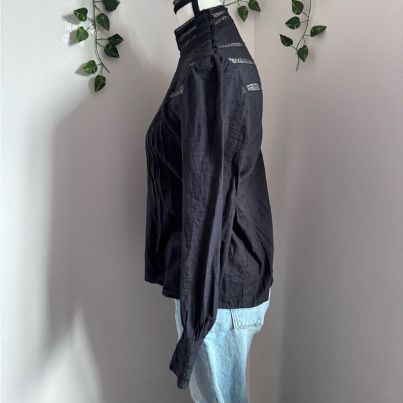 Women's Black Lace-Trim High-Neck Long Sleeve Blouse - Picture 9 of 14